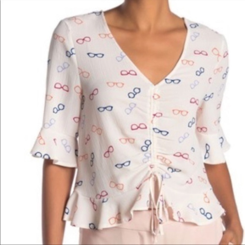 Elodie Cream Peplum Bell Sleeve Eyeglasses Motif Blouse Size L